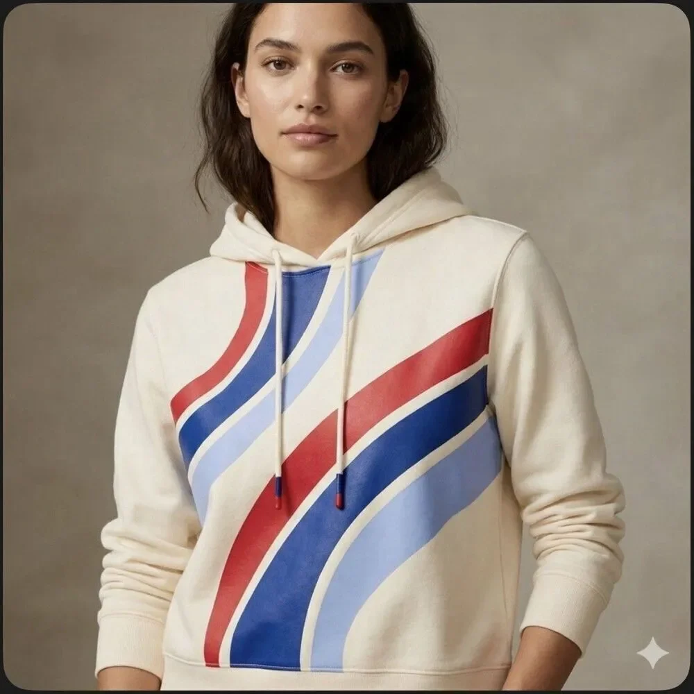 Tory Sport by Tory Burch Graphic French Terry Hoodie Sweatshirt Beige Size Small